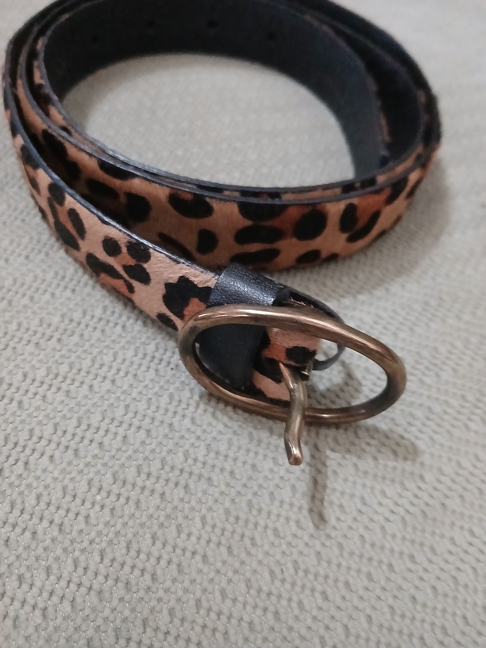 Lands End Leopard Print With Real Hair Skinny Belt with Round Brass Buckle XL